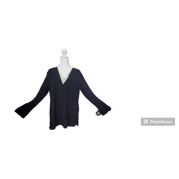 Vince Camuto Blouse Women's Small Black & White Tunic Long-sleeved V Neck Lightw - Picture 2 of 10